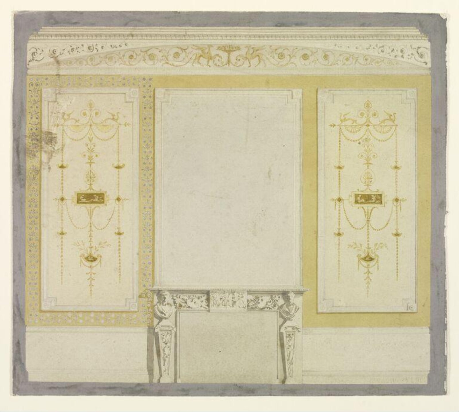 Elevation design for a marble chimney piece, mirror and wall., early 20th century