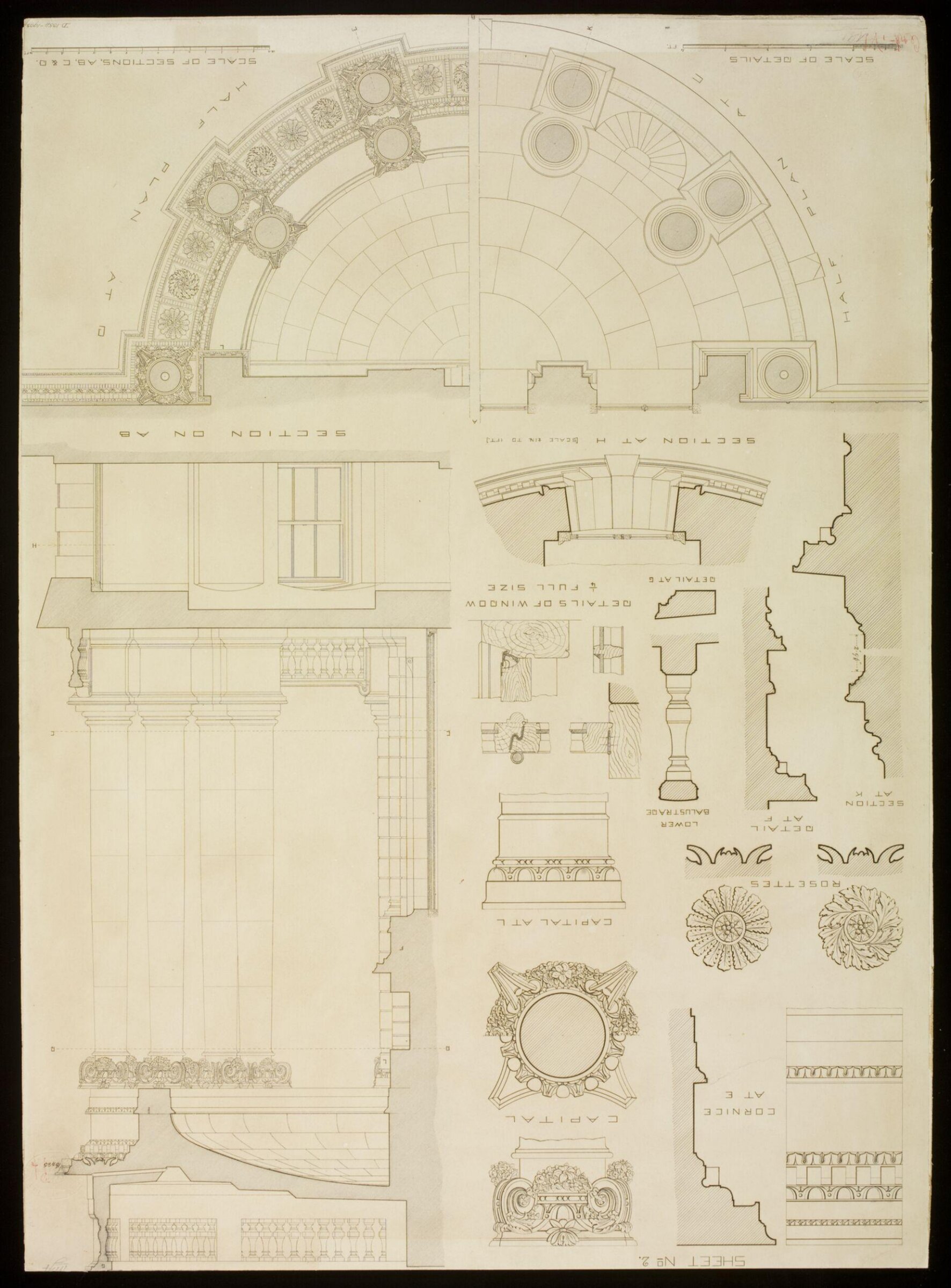 Elevation, plan, section, and details of Grosvenor House, Harvey Allport, 1885