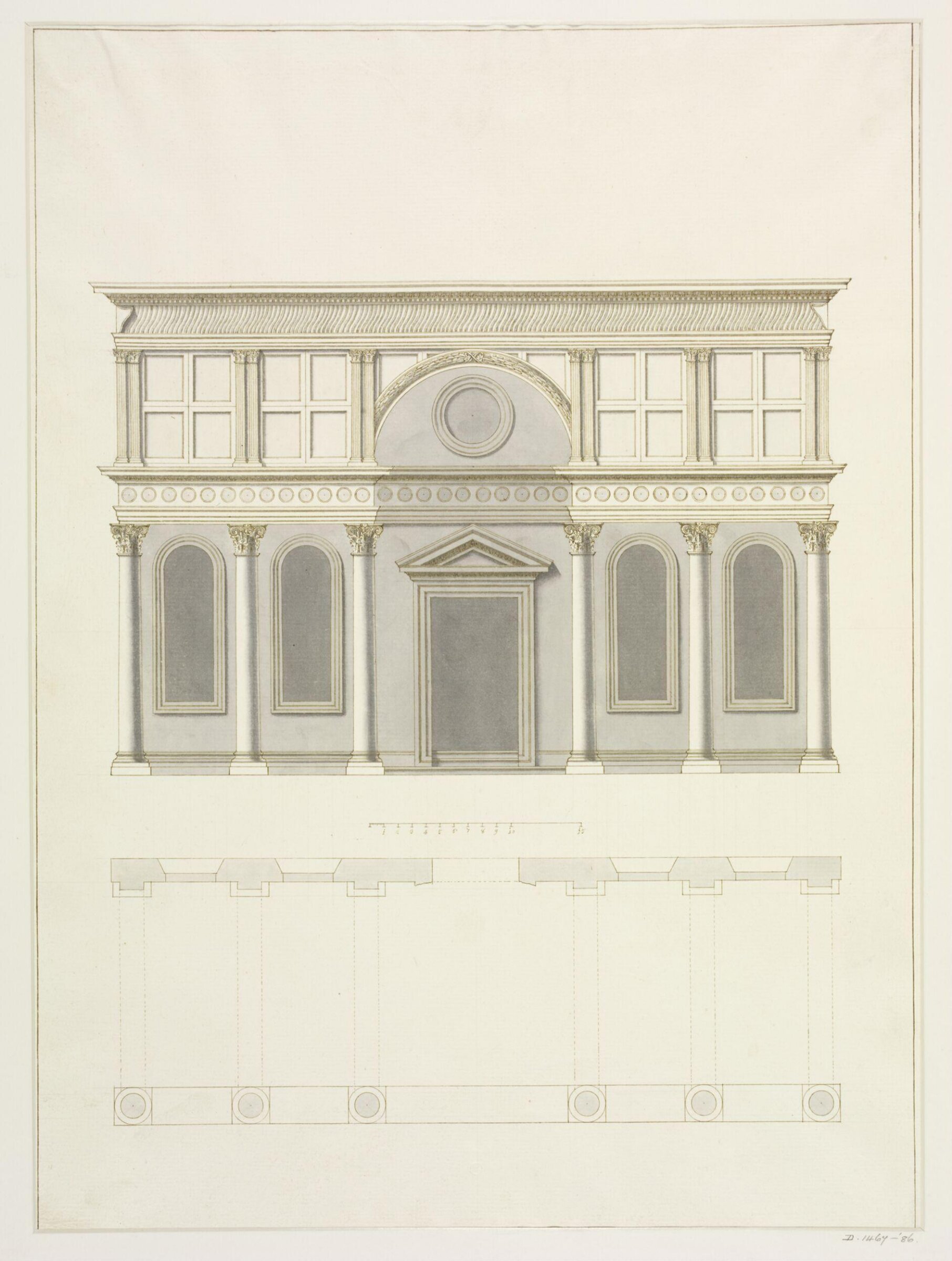 Elevation and plan of the entrance portico of the Pazzi Chapel, Florence, mid 18th century