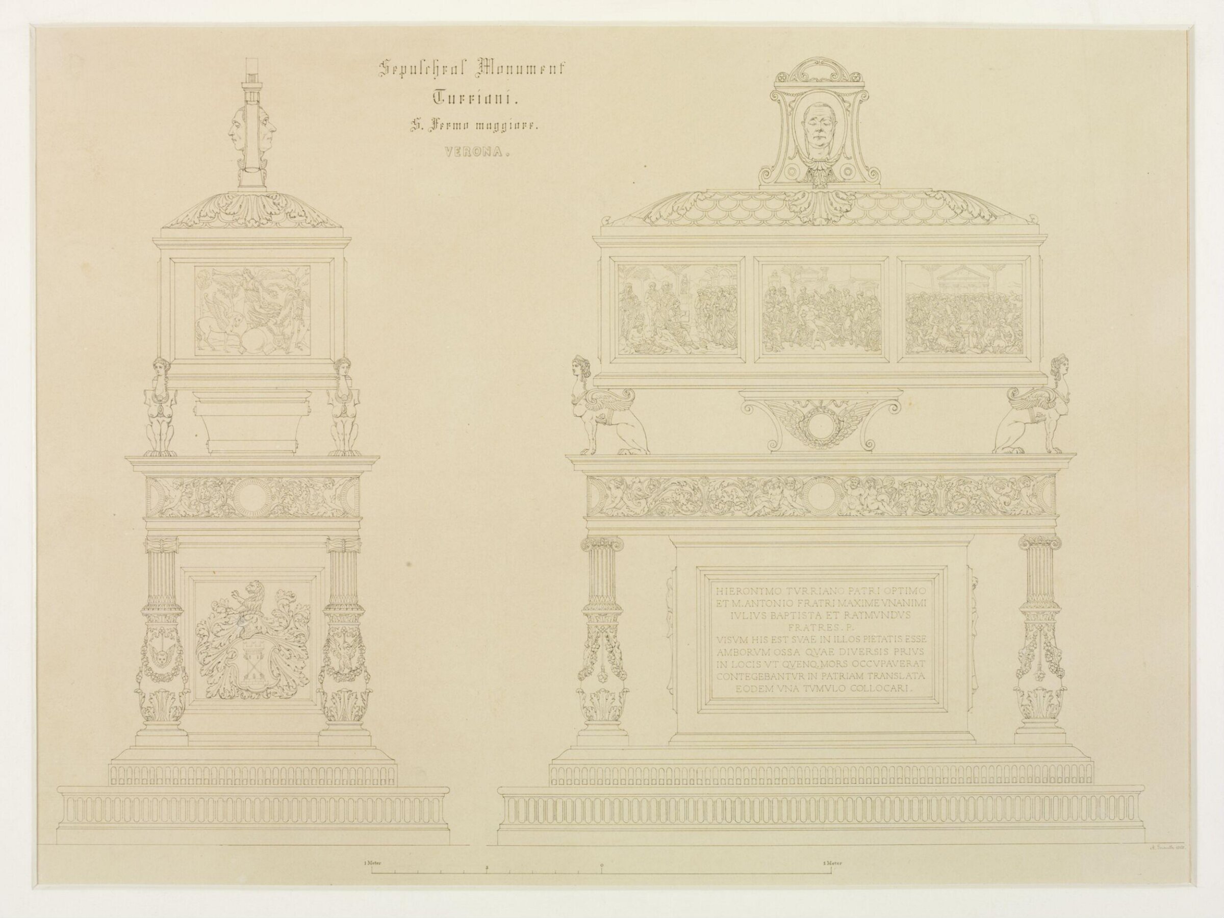 Plan and elevation of the Monument to Hieronymus Turriani in the Church of S Fermo Maggiore, Verona., Adolf Gnauth, 1868