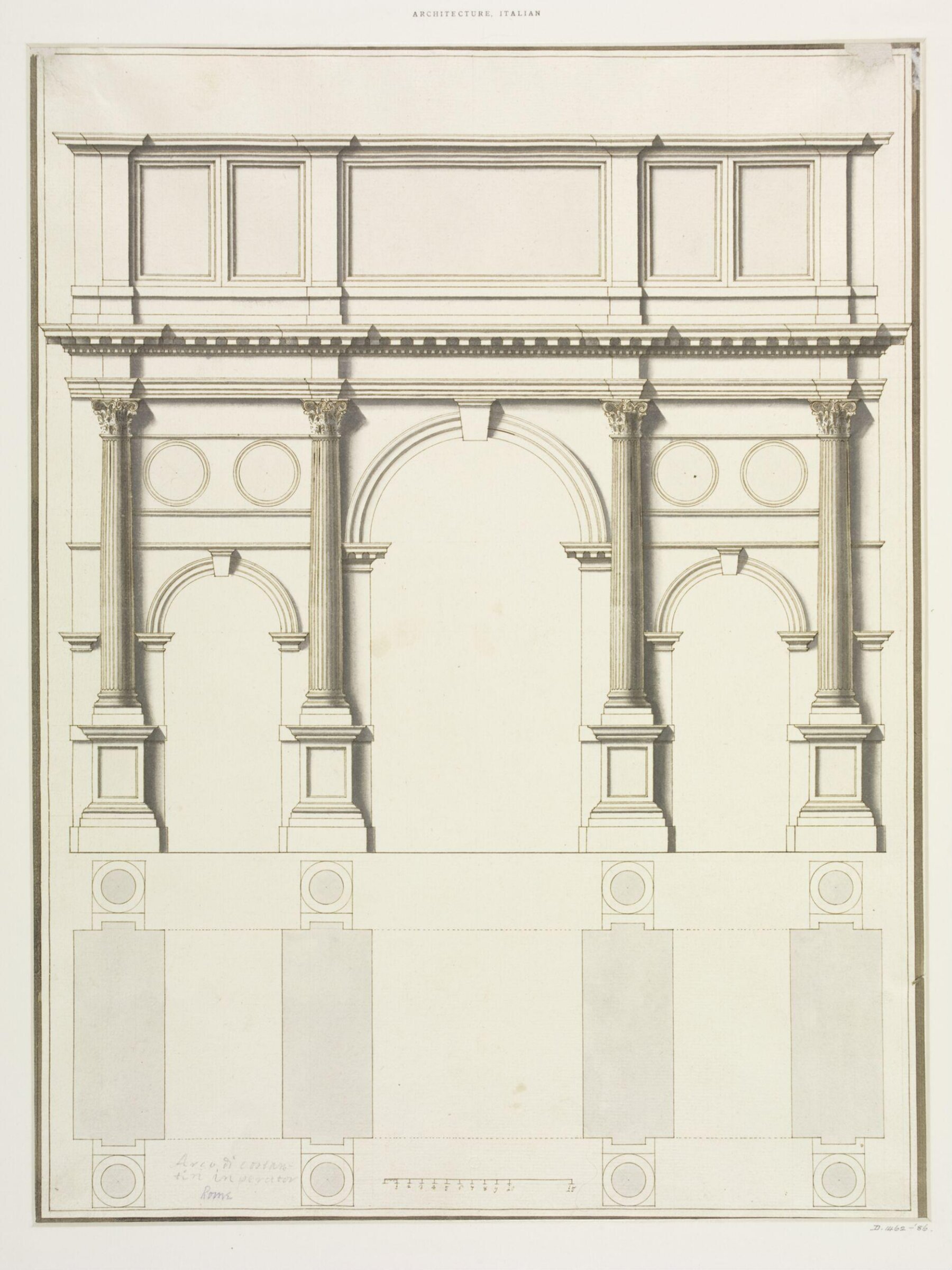 Elevation and plan of the Arch of Constantine, Rome, mid 18th century