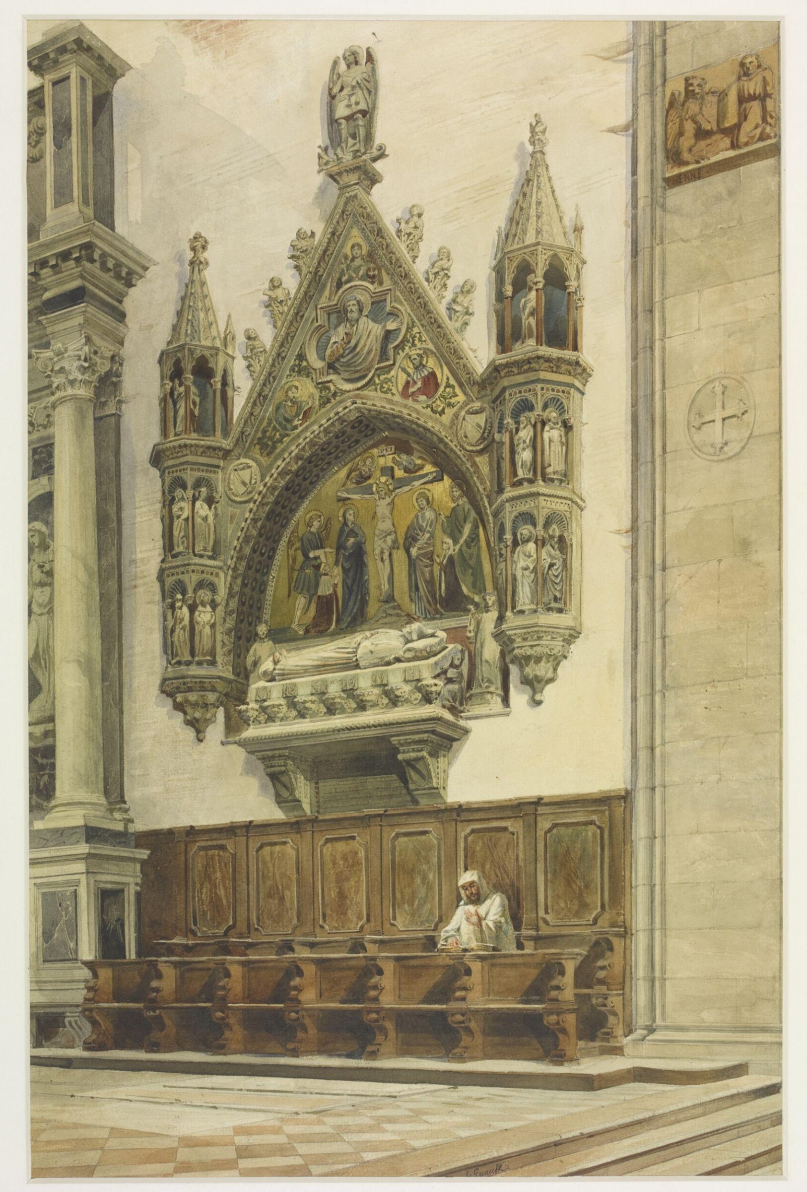 Monument to the Doge Michiel Morosini (1382) in the Church of SS Giovanni e Paolo, Venice, showing the monument in situ with pews and monk reading., Adolf Gnauth, 1860-1884