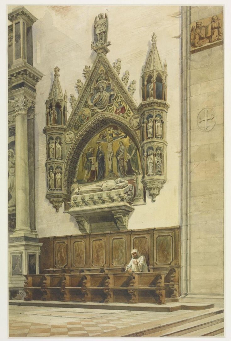 Monument to the Doge Michiel Morosini (1382) in the  Church of SS Giovanni e Paolo, Venice, showing the  monument in situ with pews and monk reading. top image