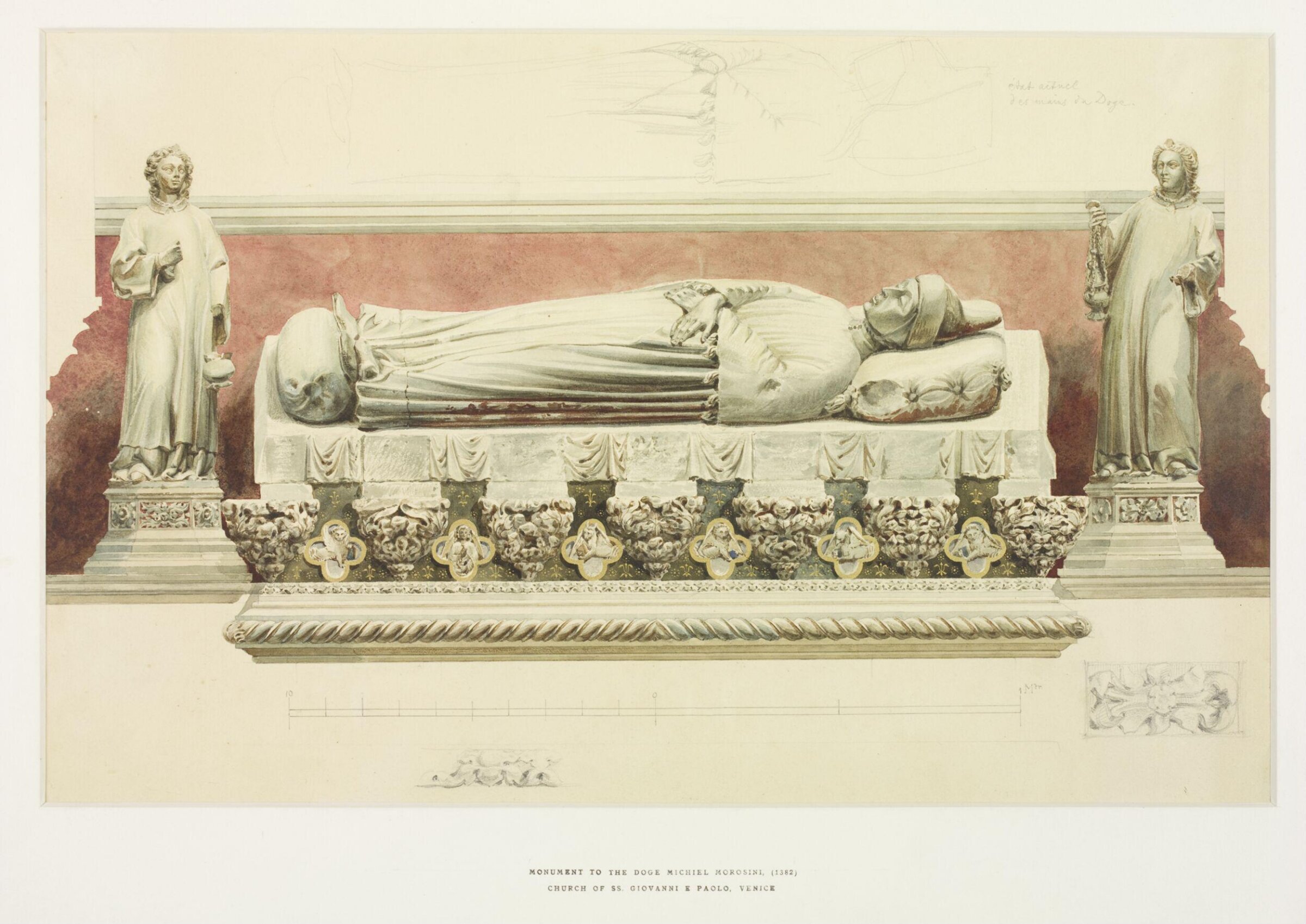 Effigy on the Monument to Doge Michiel Morosini (1382) with pencil sketches of details of tomb in the Church of SS Giovanni e Paolo, Venice., Adolf Gnauth, 1860-1884