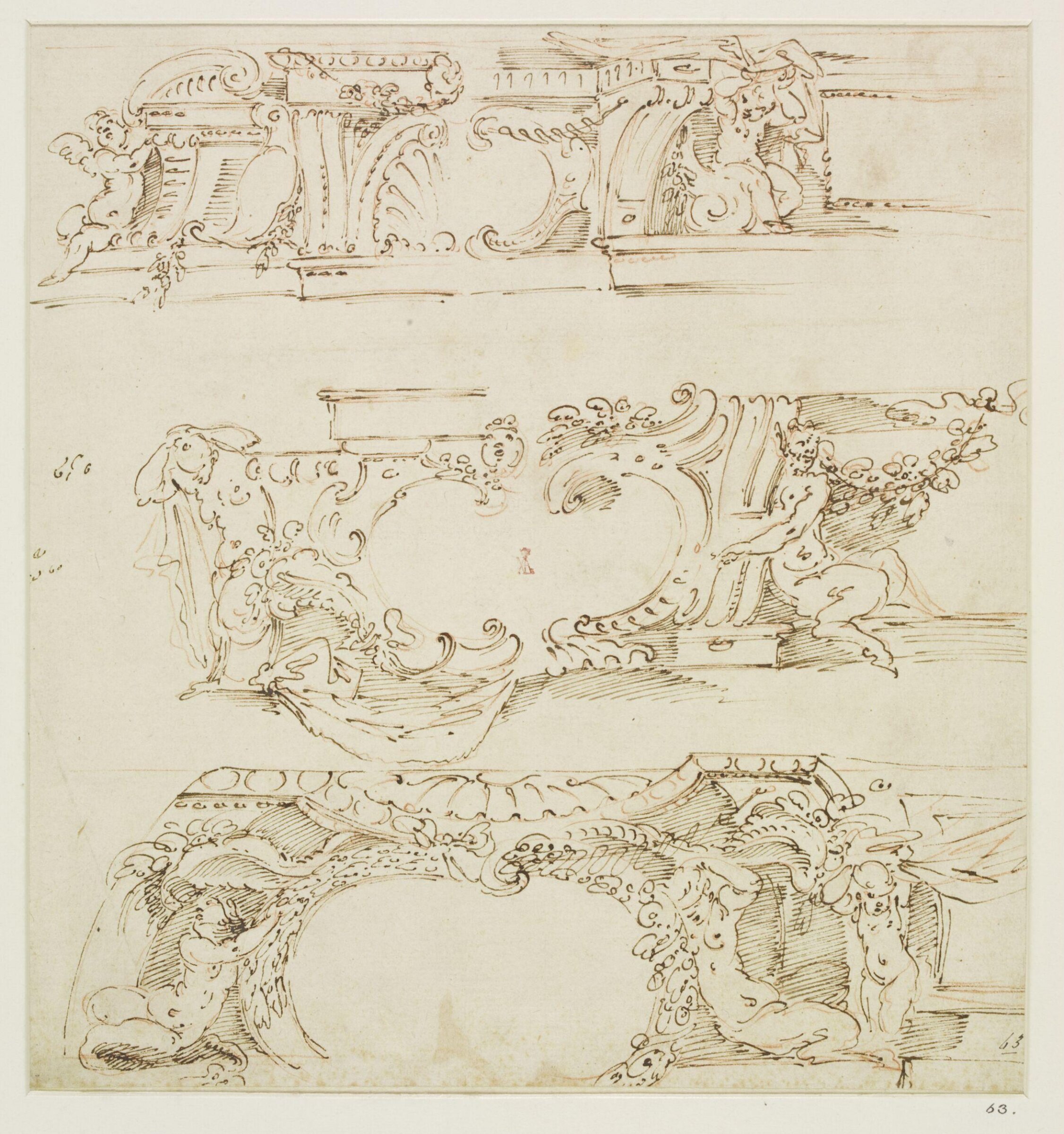 Designs (3 on 1 sheet) for ornamented ceiling coves, Agostino Mitelli, 1629-1700