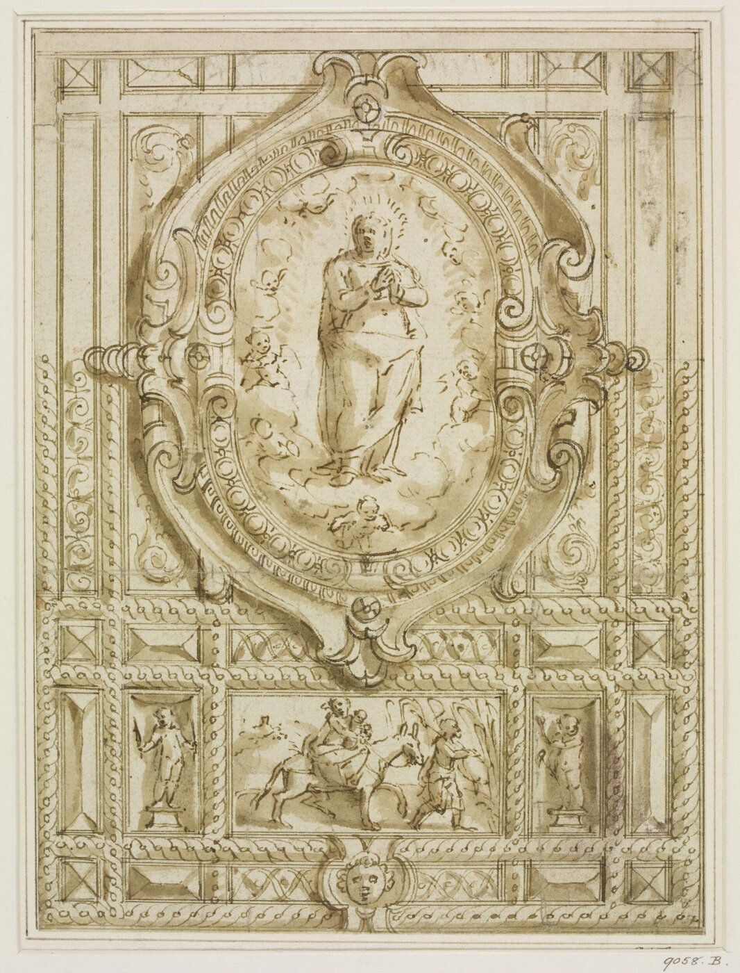 Unknown, Design for a coffered ceiling with a cartouche in the centre containing the Assumption of the Virgin