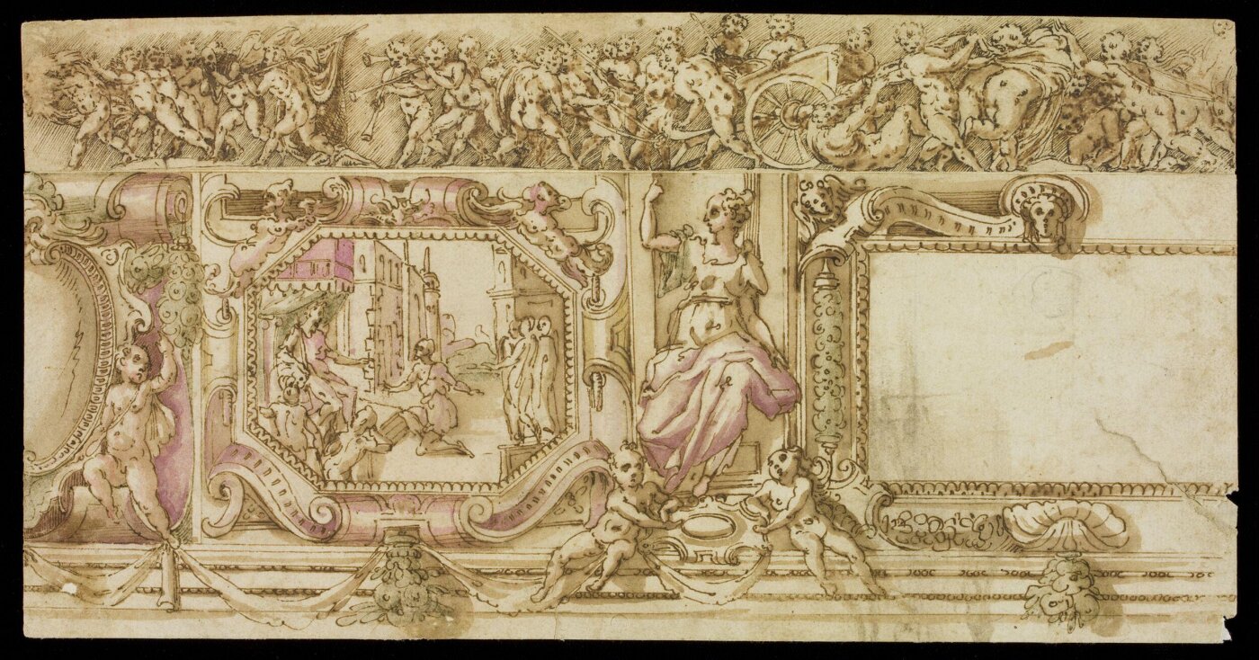 Unknown, Design for a frieze, decorated with ornamented frames, human figures and scrollwork; above, mounted on the same sheet, another drawing in pen and ink, by a different hand, representing a frieze of playing boys