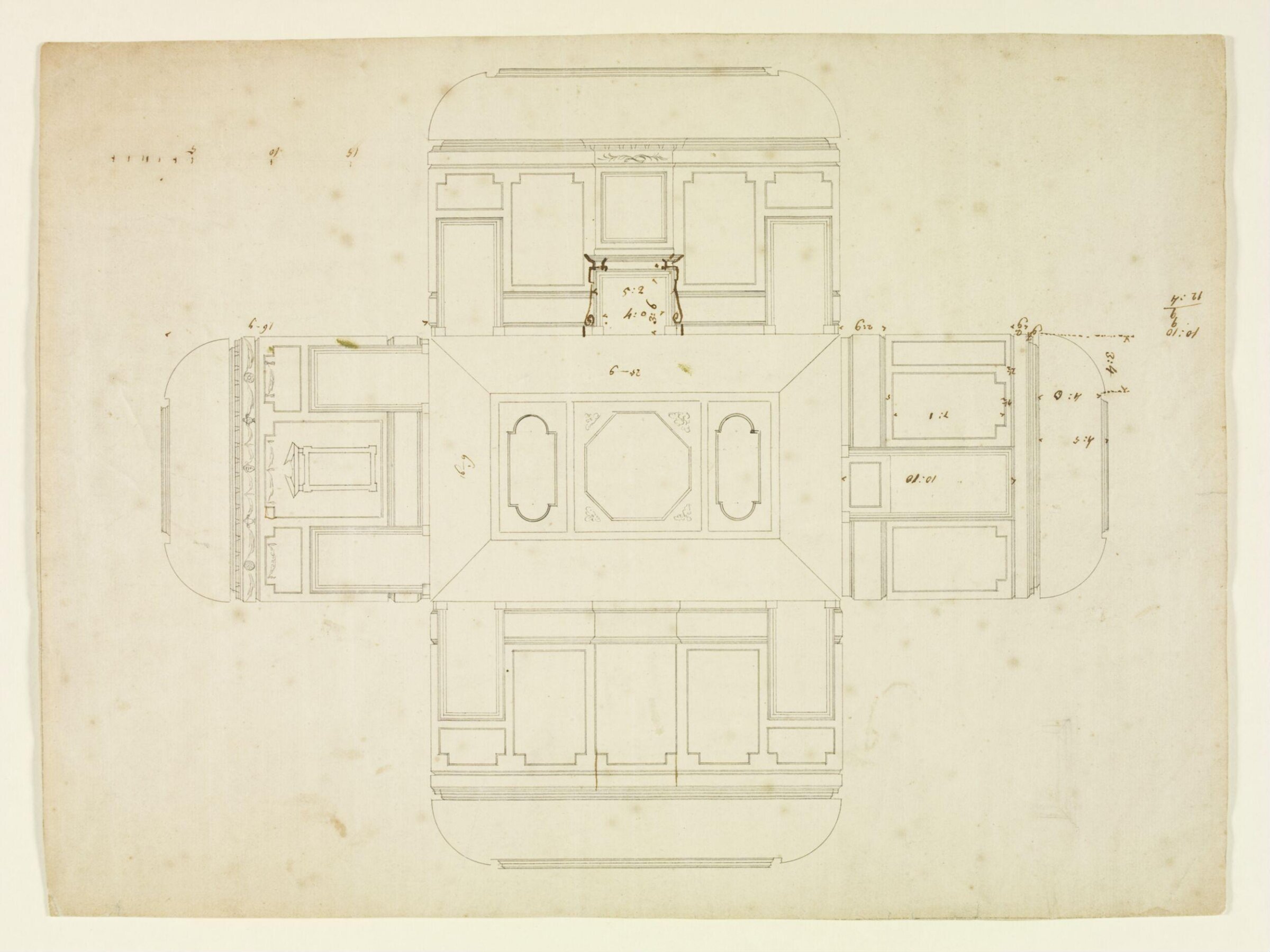 Elevations of the interior walls and a plan of the ceiling, Combe Bank, Roger Morris, ca.1725-1730