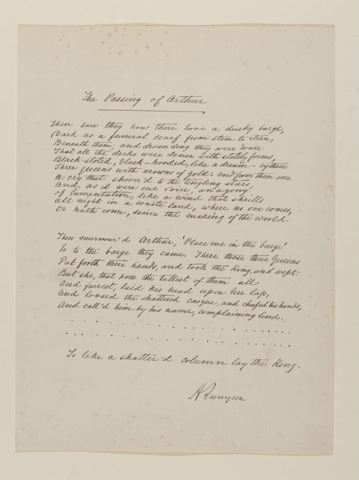 Text of poem 'The Passing of Arthur' from 'Illustrations to Tennyson's Idylls of the King and Other Poems', vol. 2 top image