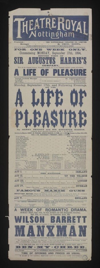 Poster advertising A Life of Pleasure and The Manxman, Theatre Royal Nottingham 1894