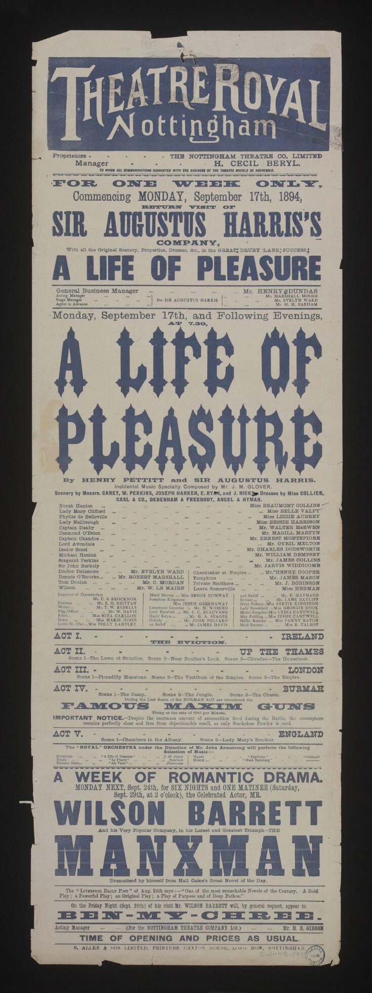Poster advertising A Life of Pleasure and The Manxman, Theatre Royal Nottingham 1894 image