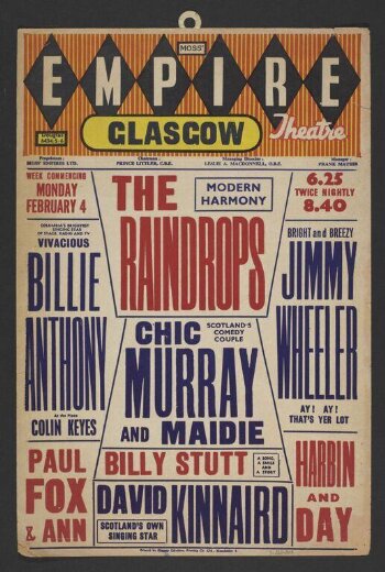 Hanging card advertising the programme for the Empire Theatre, Glasgow, for the week commencing on Monday 4 February, 1963