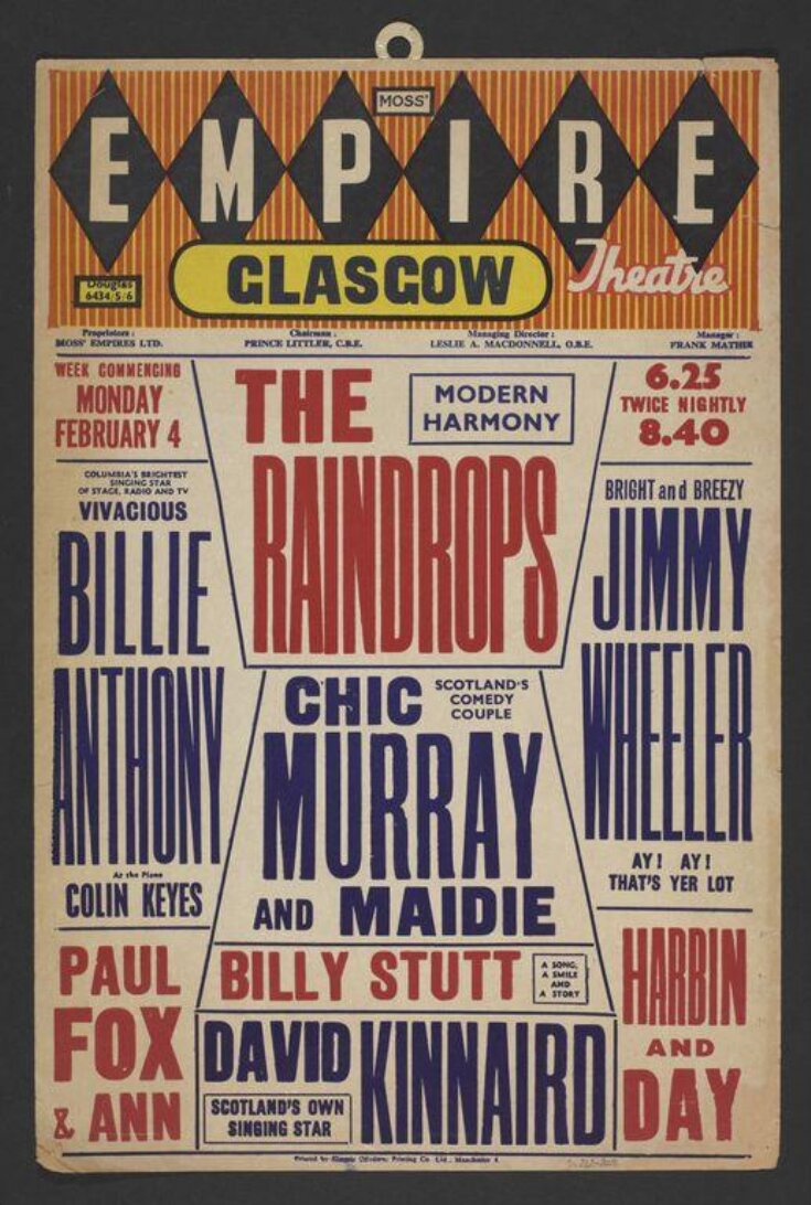 Hanging card advertising the programme for the Empire Theatre, Glasgow, for the week commencing on Monday 4 February, 1963 image