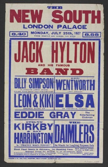 Poster advertising a variety programme at the New South London Palace for the week beginning 25 July 1927