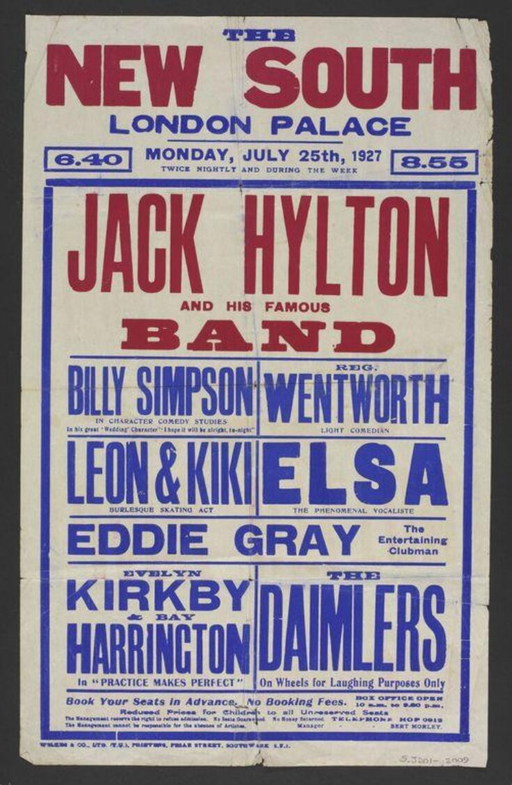 Poster advertising a variety programme at the New South London Palace for the week beginning 25 July 1927 top image