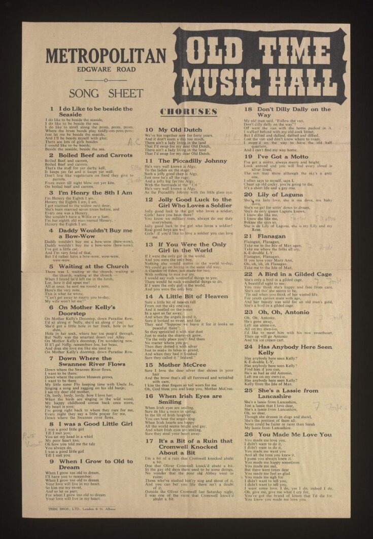 Old Time Music Hall Song Sheet top image