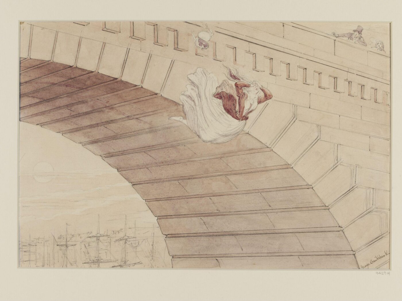 Cruikshank, George, The maniac father and the convict brother are  gone. - The poor girl, homeless, friendless,  deserted, destitute, and gin mad, commits self-murder.