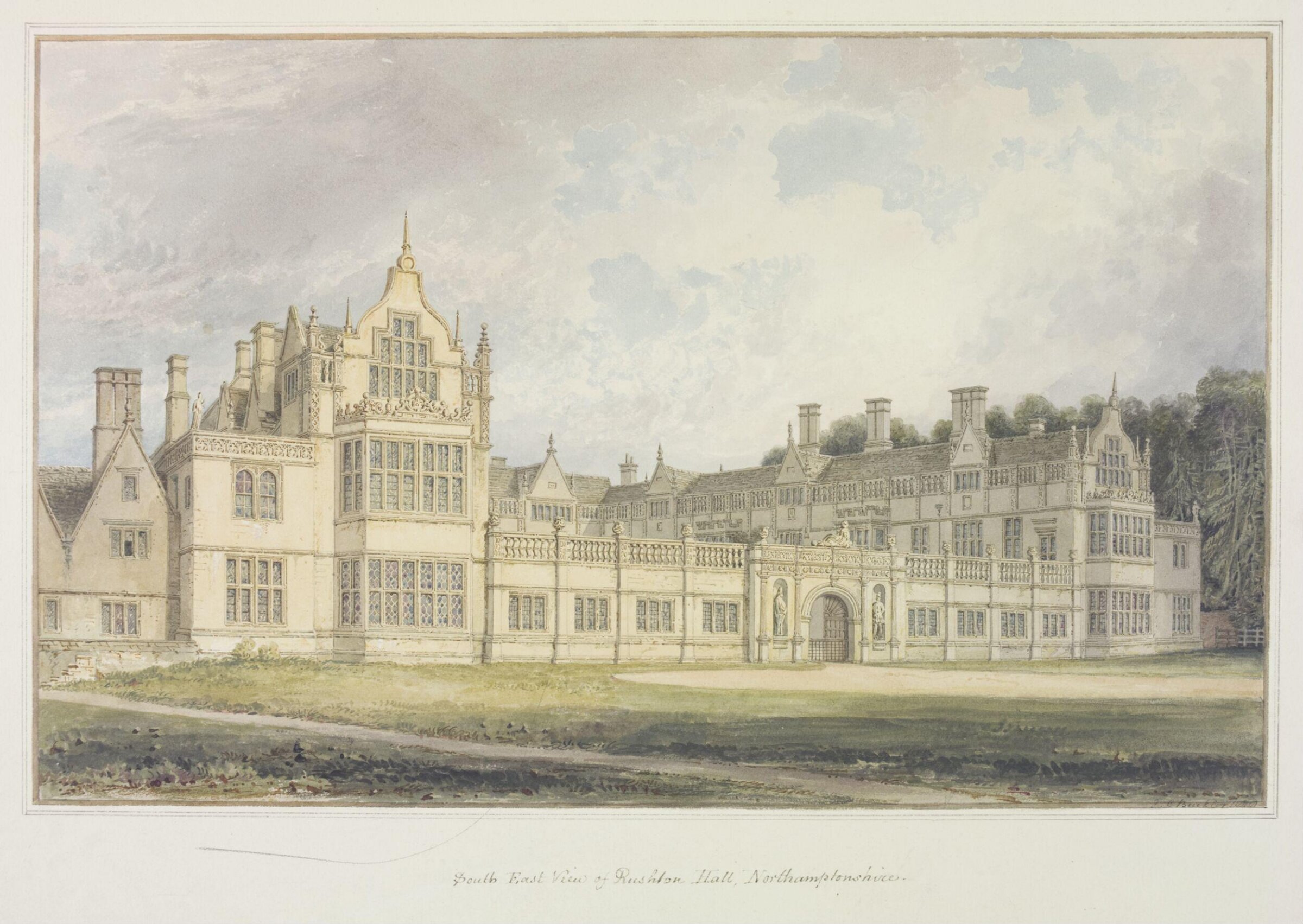 South-east view of Rushton Hall, Northamptonshire, Buckler, 1818