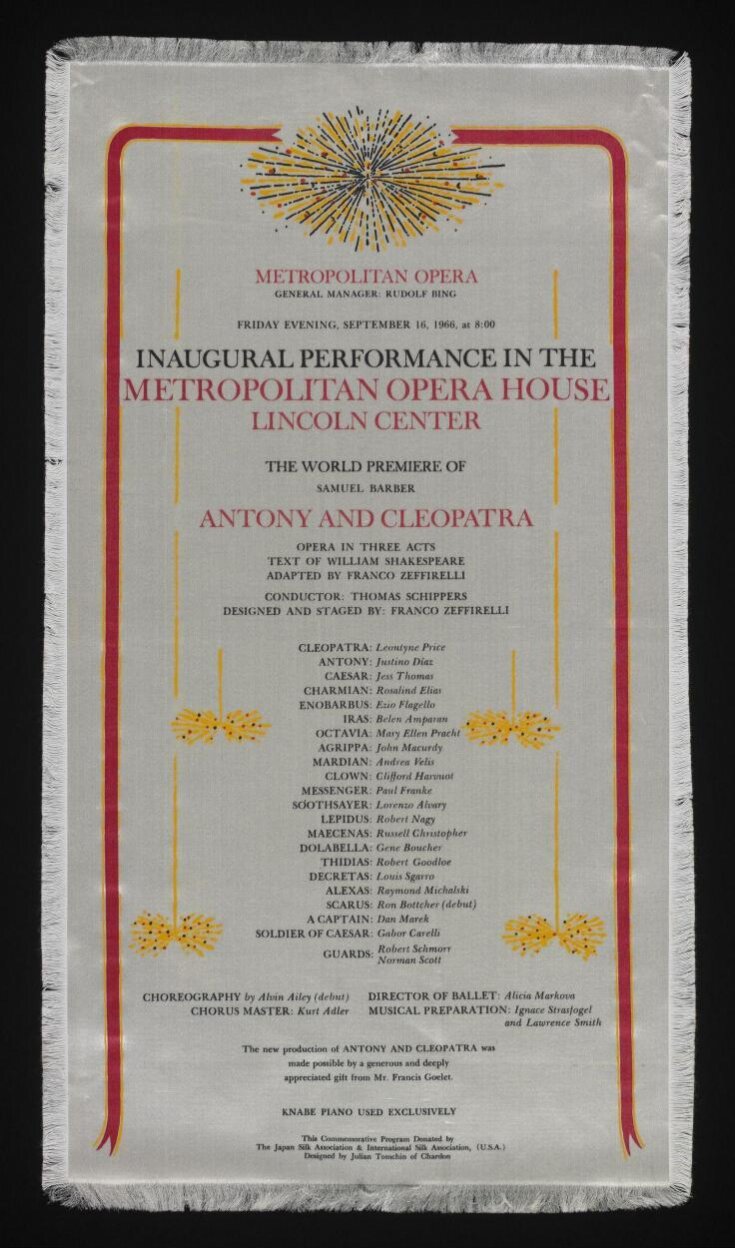 Silk programme for the opera Antony and Cleopatra, Metropolitan Opera House,  New York, 16 September 1966 top image