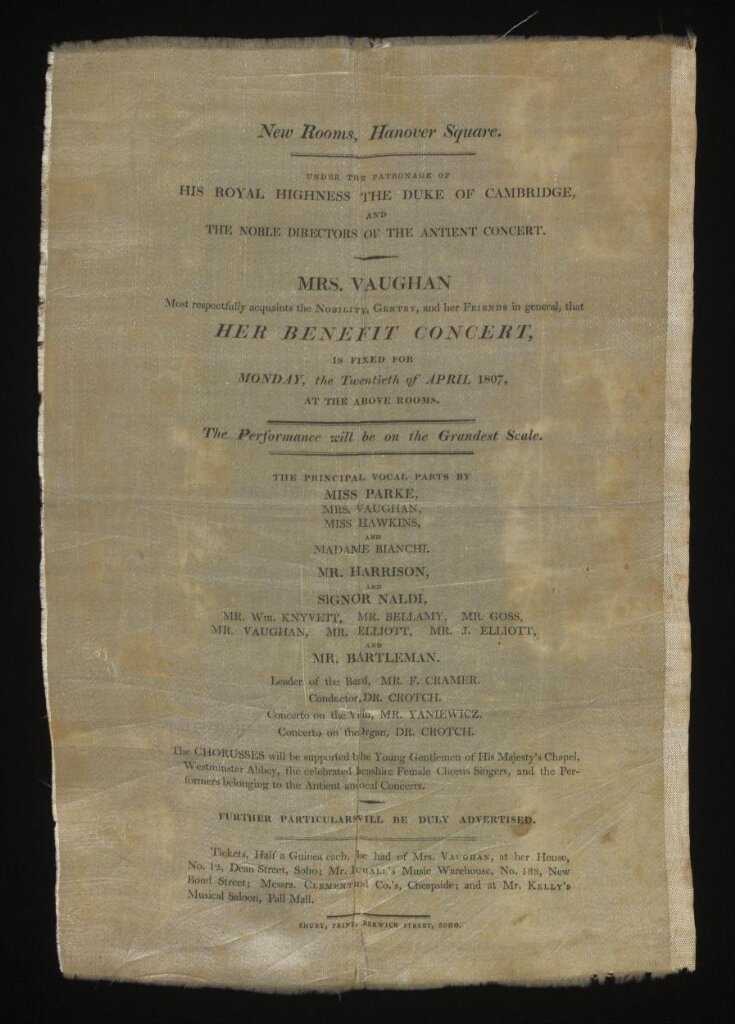 Silk playbill advertising Mrs. Vaughan's Benefit concert, New Rooms, Hanover Square, London, 1807 top image