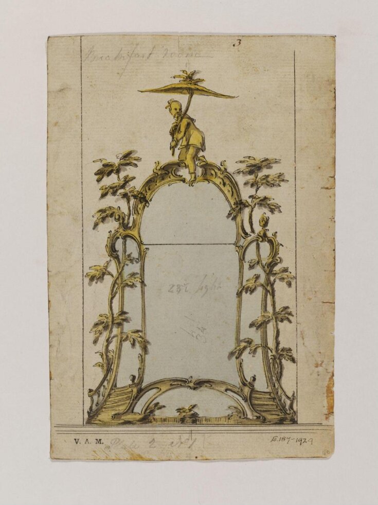 Design for a chinoiserie-inspired pier-glass from; A Miscellaneous Collection of Original Designs, made, and for the most part executed, during an extensive Practice of many years in the first line of his Profession, by John Linnell, Upholsterer Carver & Cabinet Maker. Selected from his Portfolios at his Decease, by C. H. Tatham Architect. AD 1800. top image