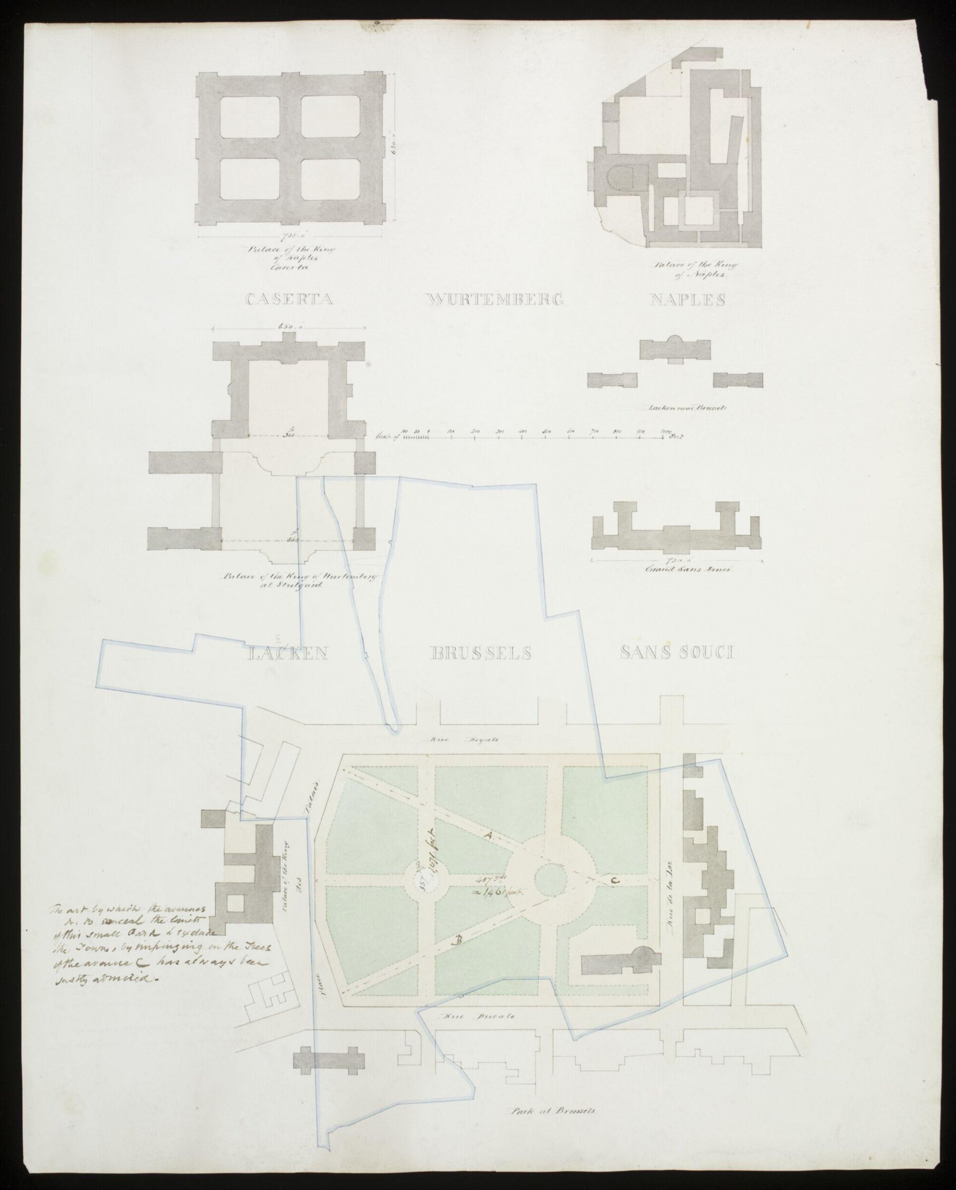 Block plan of the Kensington Estate with European palaces, Charles Cockerell, 1850s