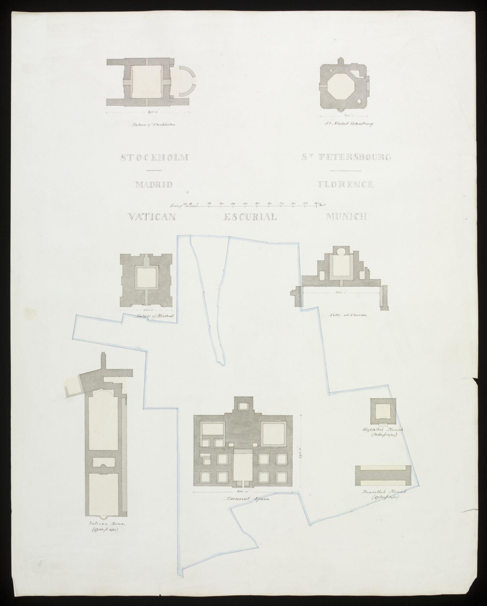 Block plan of the Kensington Estate with various European palaces imagined on the same site, Charles Cockerell, 1850s