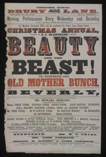 Poster advertising Beauty and the Beast! or, Harlequin Old Mother Bunch, 1869