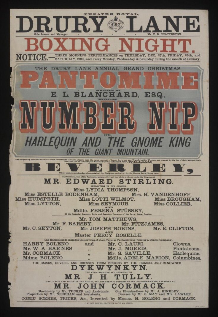 Poster advertising 'Number Nip or, Harlequin and the Gnome King of the Giant Mountain', 1866 top image
