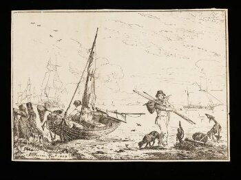 Fishing-boat on shore, a man with oars and ships visible in distance