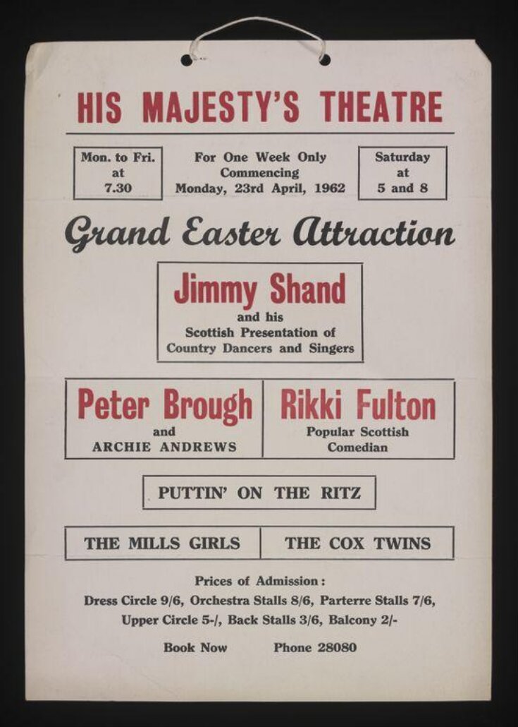 Hanging card advertising 'Grand Easter Attraction' at His Majesty's Theatre, Aberdeen top image