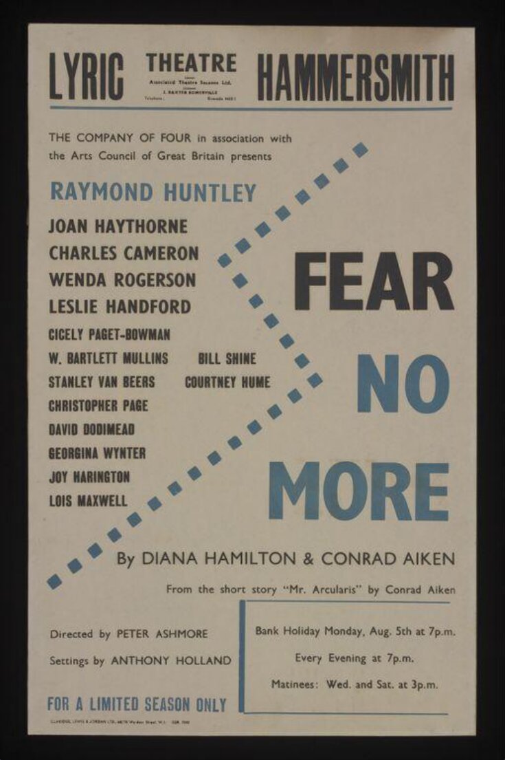 Poster advertising Fear No More at the Lyric Theatre Hammersmith, 5th August 1946 top image