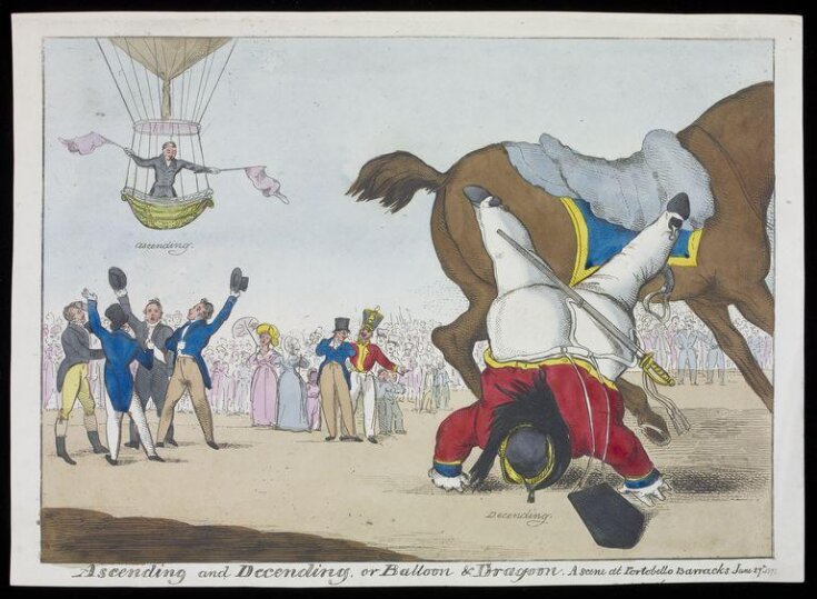 Ascending and Decending or Balloon & Dragoon, A scene at Portobello Barracks June 27th 1822 top image
