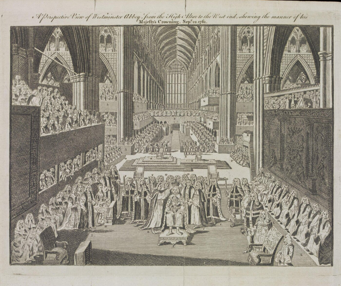 Unknown, A Perspective View of Westminster Abbey, from the High Altar to the West end, showing the manner of his Majesty's Crowning Sepr. 22. 1761