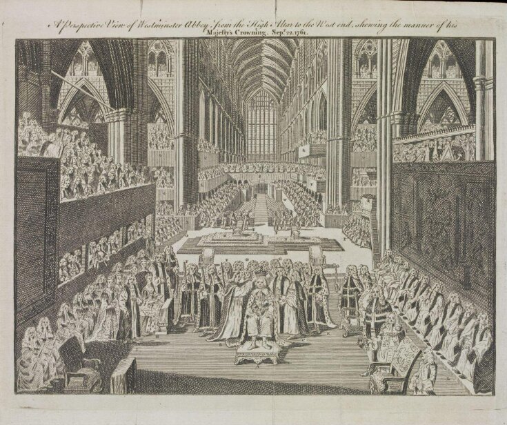 A Perspective View of Westminster Abbey, from the High Altar to the West end, showing the manner of his Majesty's Crowning Sepr. 22. 1761 top image