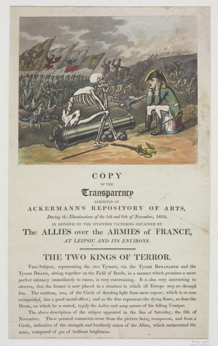 Copy of the Transparency exhibited at Ackermann's Repository of Arts, during the Illuminations of the 5th and 6th of November, 1813, in Honour of the Splendid Victories obtained by the Allies over the Armies of France, at Leipsic and its Environs. top image
