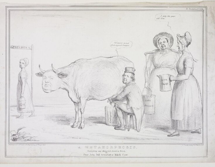 A Metamorphosis.  Surpassing anything to be found in Ovid-or Poor JOhn Bull turned into a Milch Cow.  Mr Shiel, Mr. PSring Rice, Mr. O,Connell, and Sir Robert Peel. top image