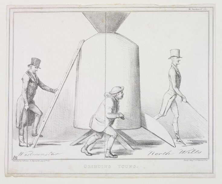 Grinding Young.  Caricatures on Sir Francis Burnett's retirement from Parliament through ill-health and subsequent re-election for a different constituency. top image