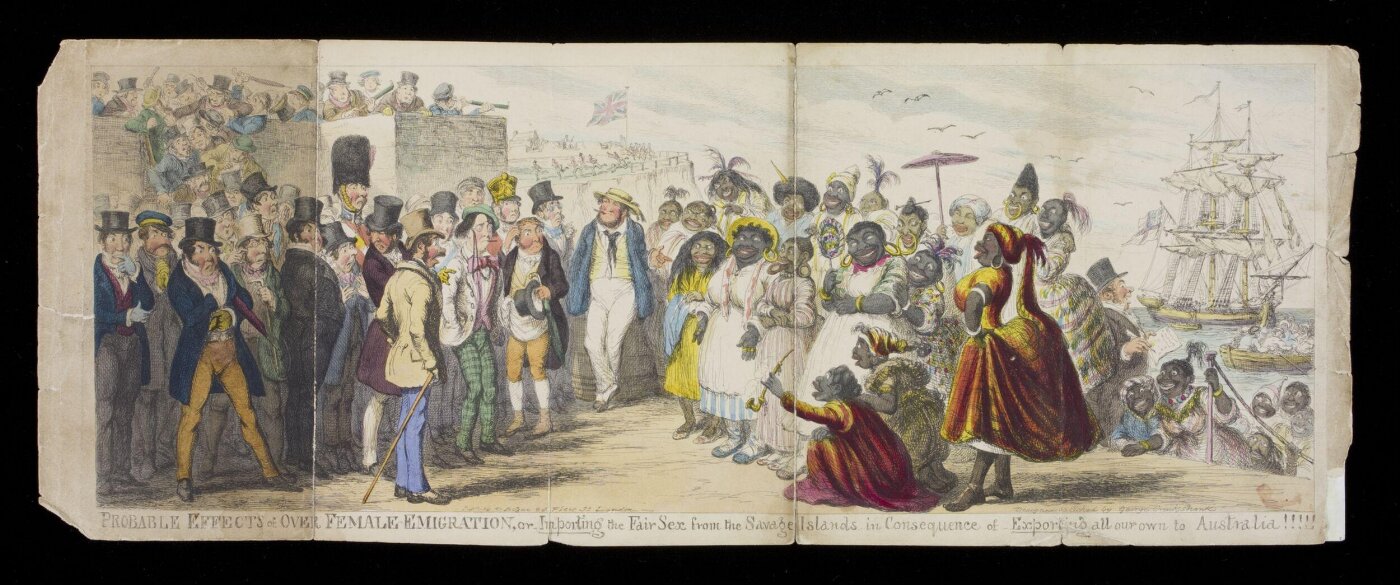 Cruikshank, George, Probable Effects of Over Female-Emigration, or Importing the Fair Sex from the Savage Islands in Consequence of Exporting all our own to Australia!