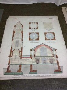 Section through tower and narthex and 4 plans of tower. thumbnail 1