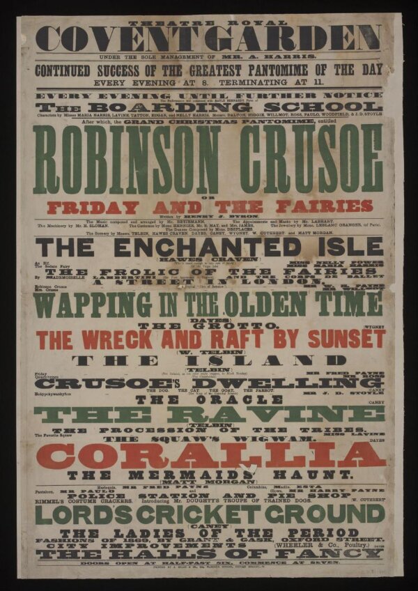 Poster advertising The Boarding School followed by Robinson Crusoe, or, Friday and the Fairies