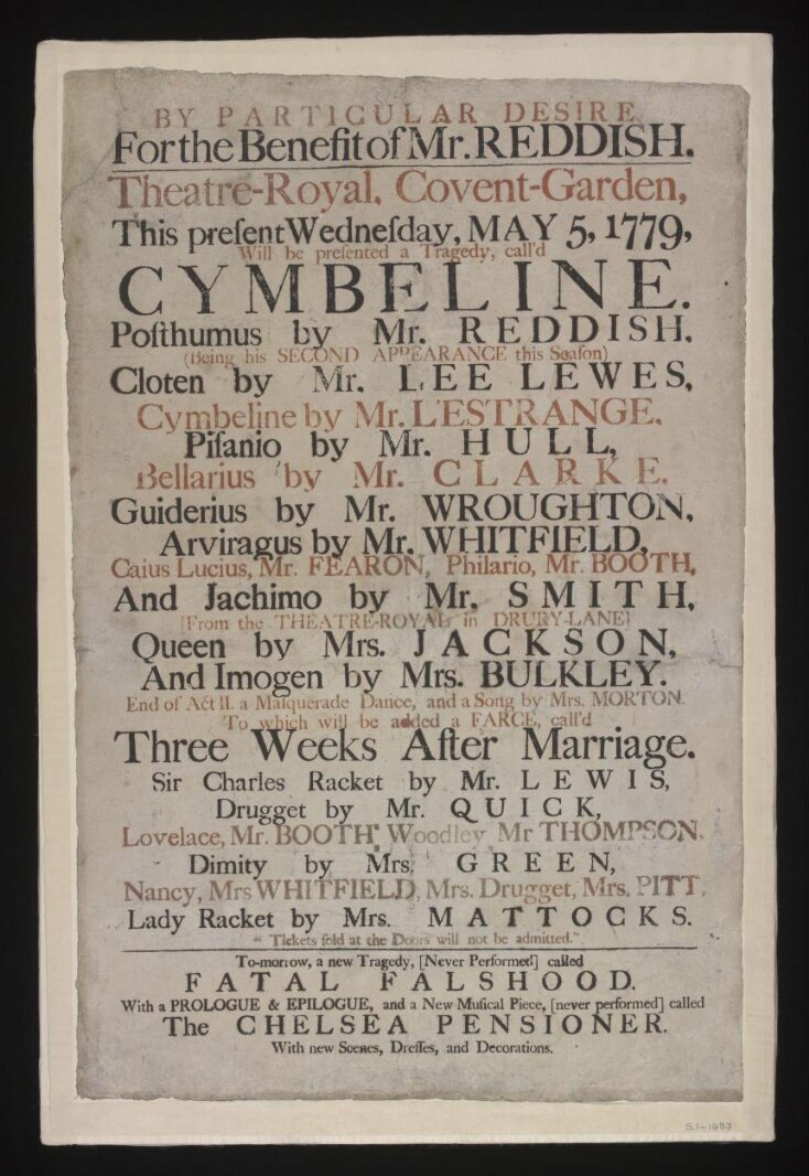 Great Bill advertising Cymbeline at the Theatre Royal Covent Garden 5th May 1779 top image