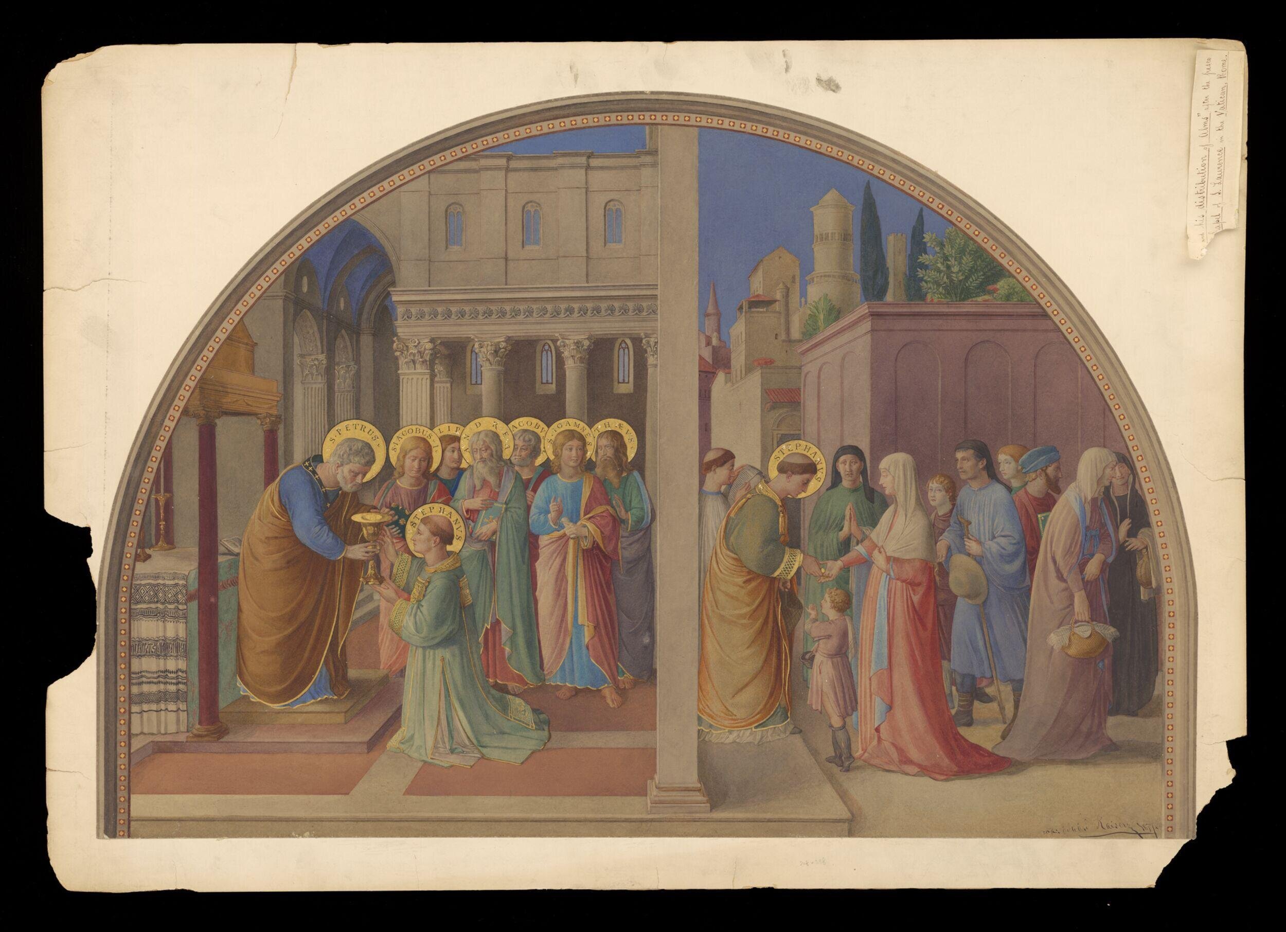 Watercolour, copy after The Ordination of St Stephen and St Stephen Distributing Alms, Fra Angelico in the Niccoline Chapel (Vatican, Rome)