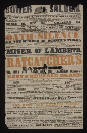 Typographical playbill advertising the programme at the Bower Saloon, 7-12 January 1856