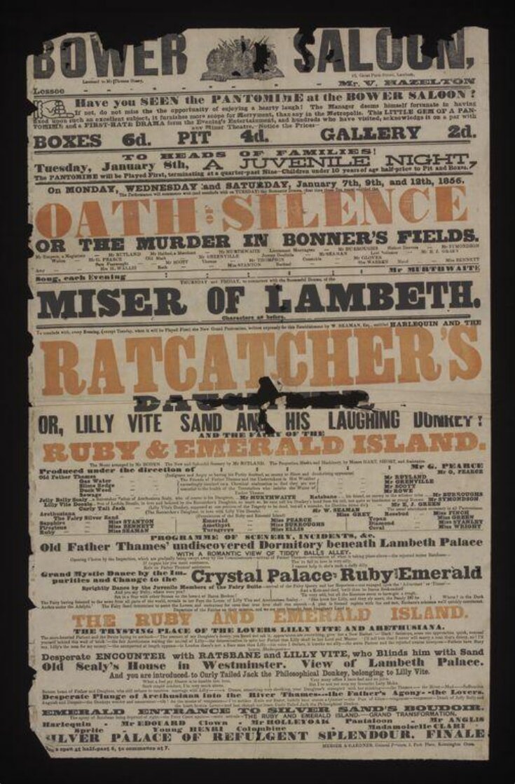 Typographical playbill advertising the programme at the Bower Saloon, 7-12 January 1856 image