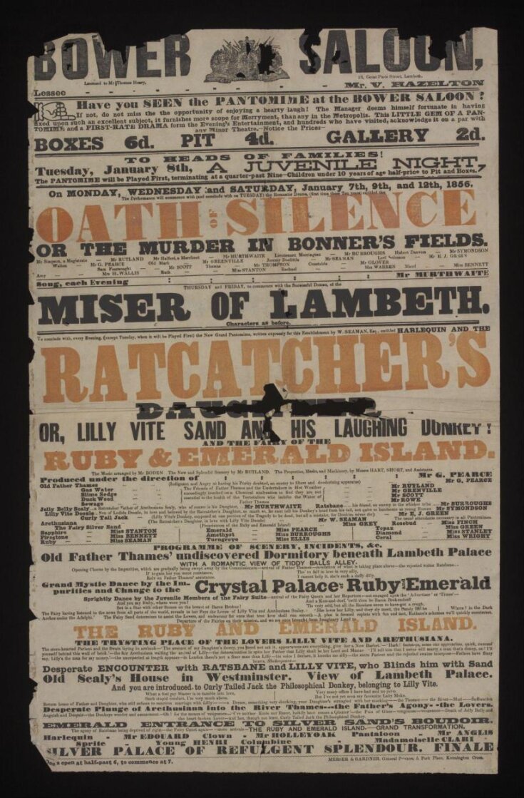 Typographical playbill advertising the programme at the Bower Saloon, 7-12 January 1856 top image