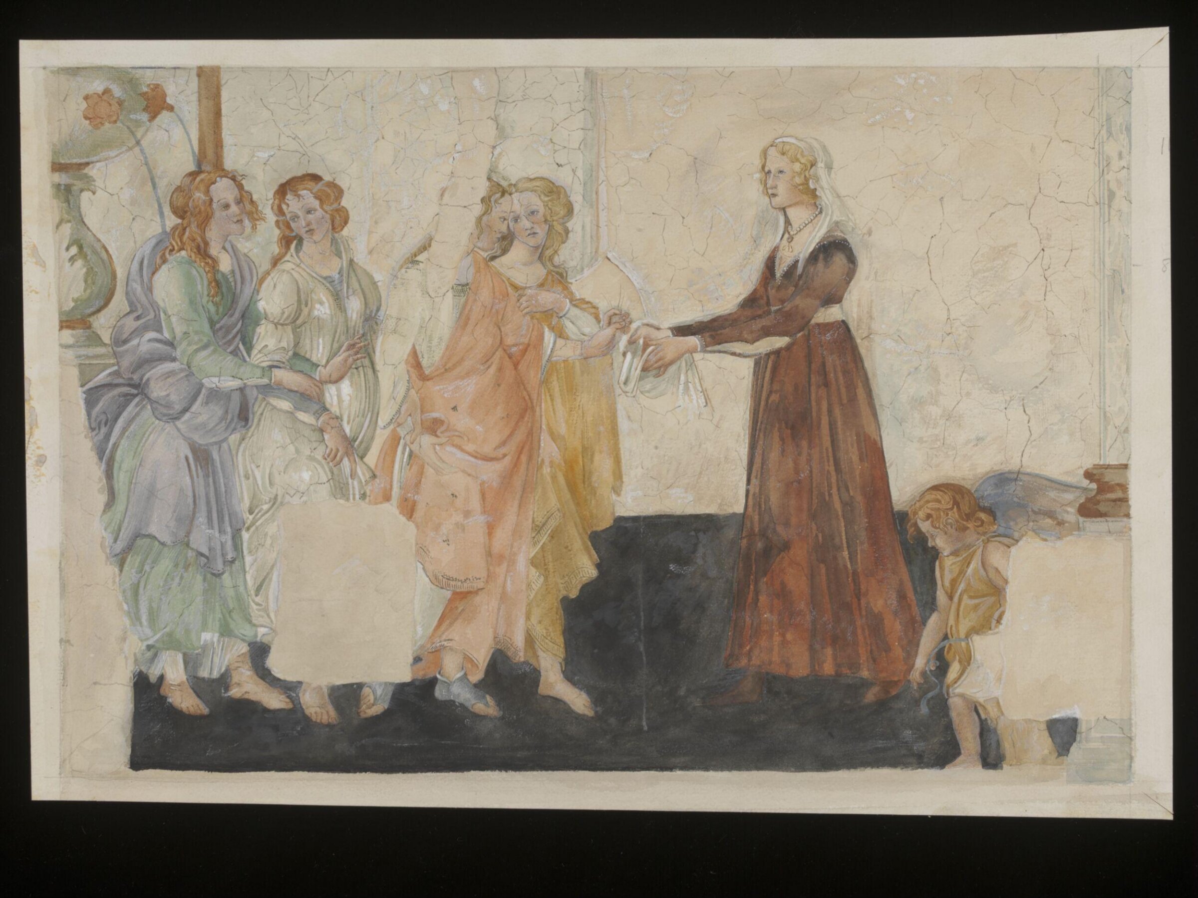 Watercolou, copy after Venus and the Three Graces, Sandro Botticelli in the Musée du Louvre (Paris), sandro botticelli
