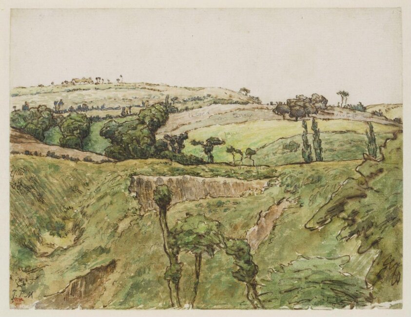 A hilly landscape with trees