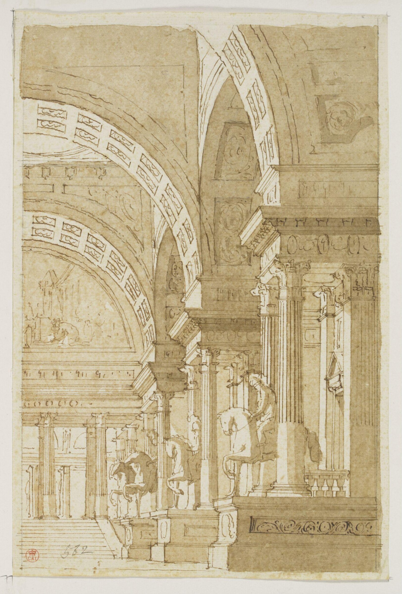 design for great hall with equestrian statues and staircase, Gaspare Galliari, 1761-1823