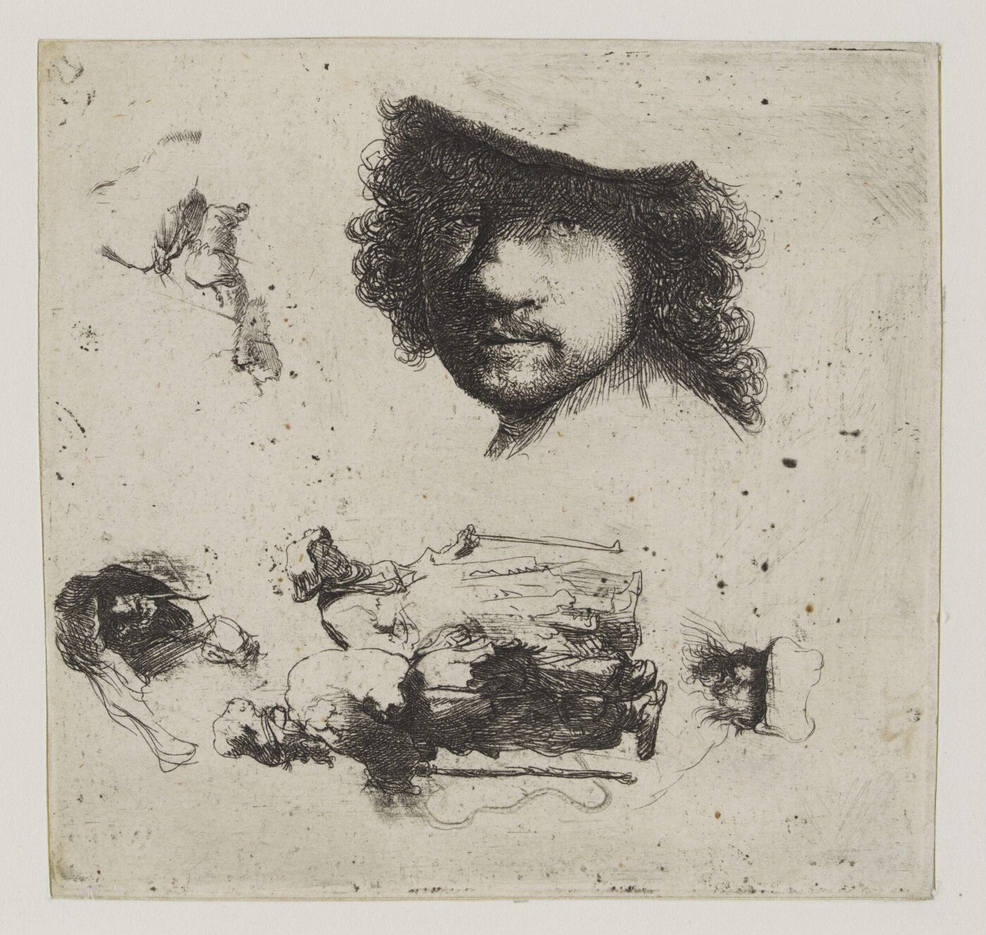 Rembrandt Harmensz van Rijn, Sheet of studies; head of the artist, a beggar couple, heads of an old man and an old woman, etc.